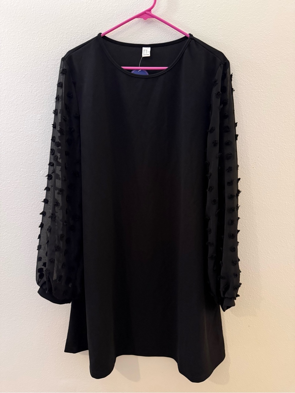 Black Long-Sleeve Shift Dress with Textured Mesh Sheer Sleeves